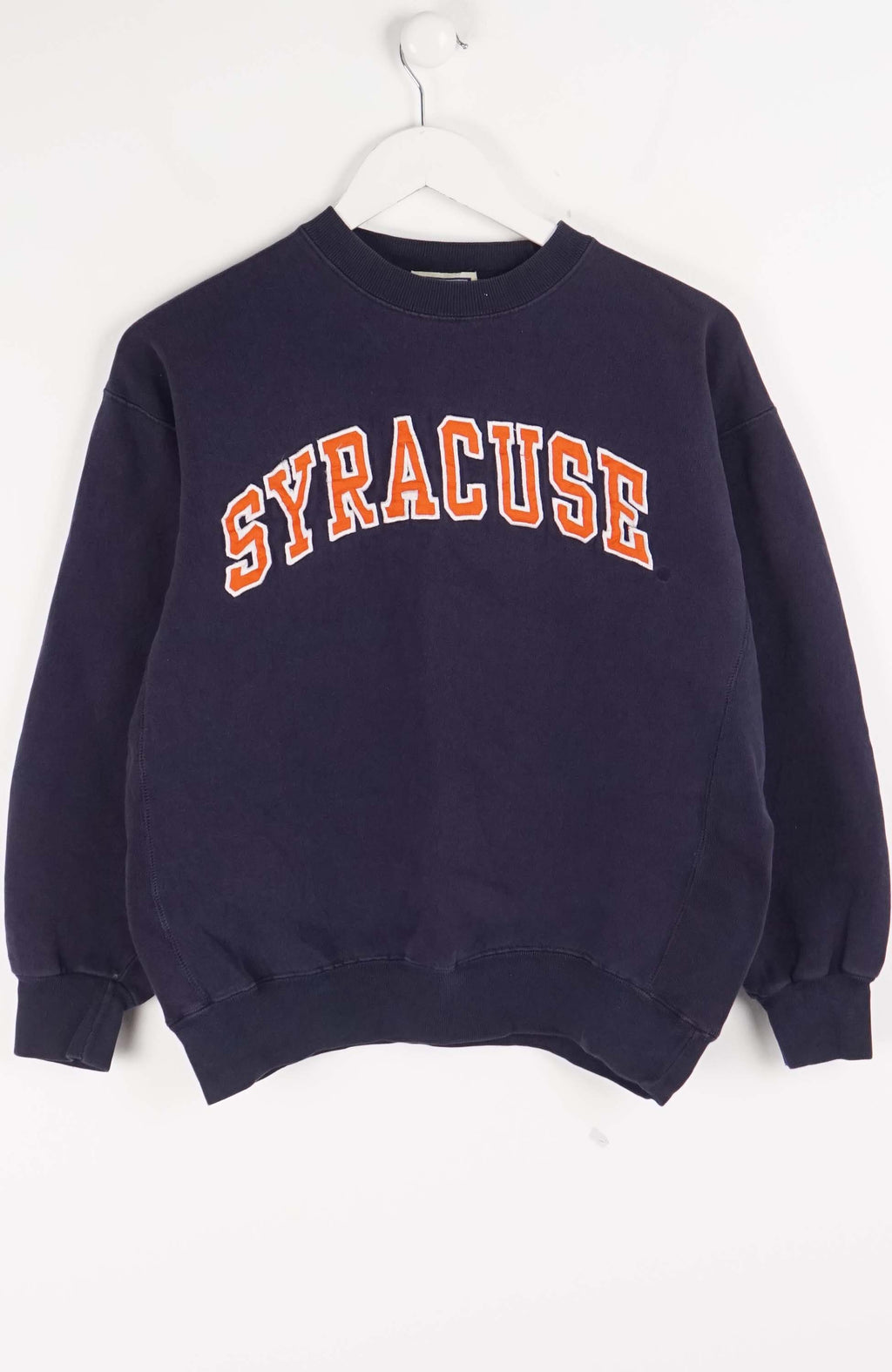 Navy blue sweatshirt with 'Syracuse' text on a white background
