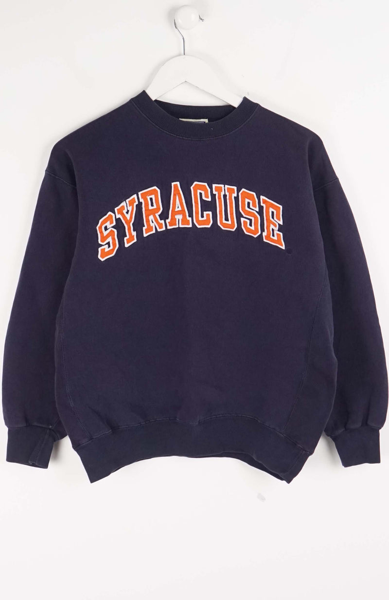 Navy blue sweatshirt with 'Syracuse' text on a white background