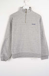 Gray pullover with a brand logo on a white background