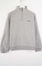 Gray pullover with a brand logo on a white background