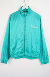 Teal jacket with a brand logo on a white background
