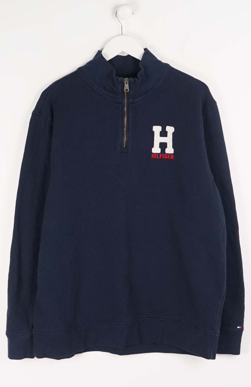 Navy blue sweatshirt with a logo on a white background