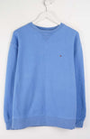 Blue sweatshirt on a white hanger against a white background