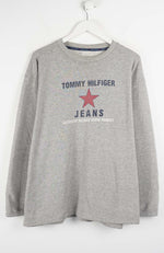 Gray long-sleeve shirt with Tommy Hilfiger logo on a white background