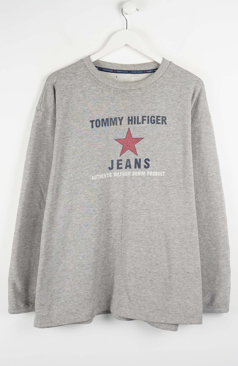 Gray long-sleeve shirt with Tommy Hilfiger logo on a white background