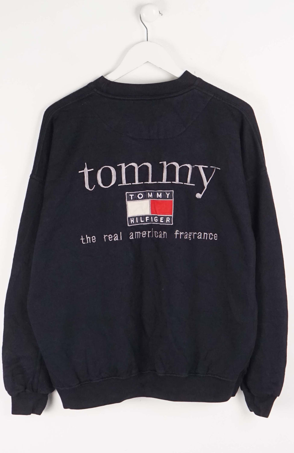 Black sweatshirt with a logo on a white background