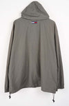 Gray hooded jacket with a brand logo on a white background