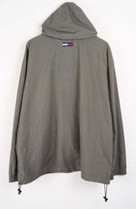 Gray hooded jacket with a brand logo on a white background