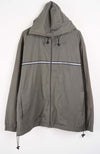 Gray hooded jacket with a white stripe on a white background