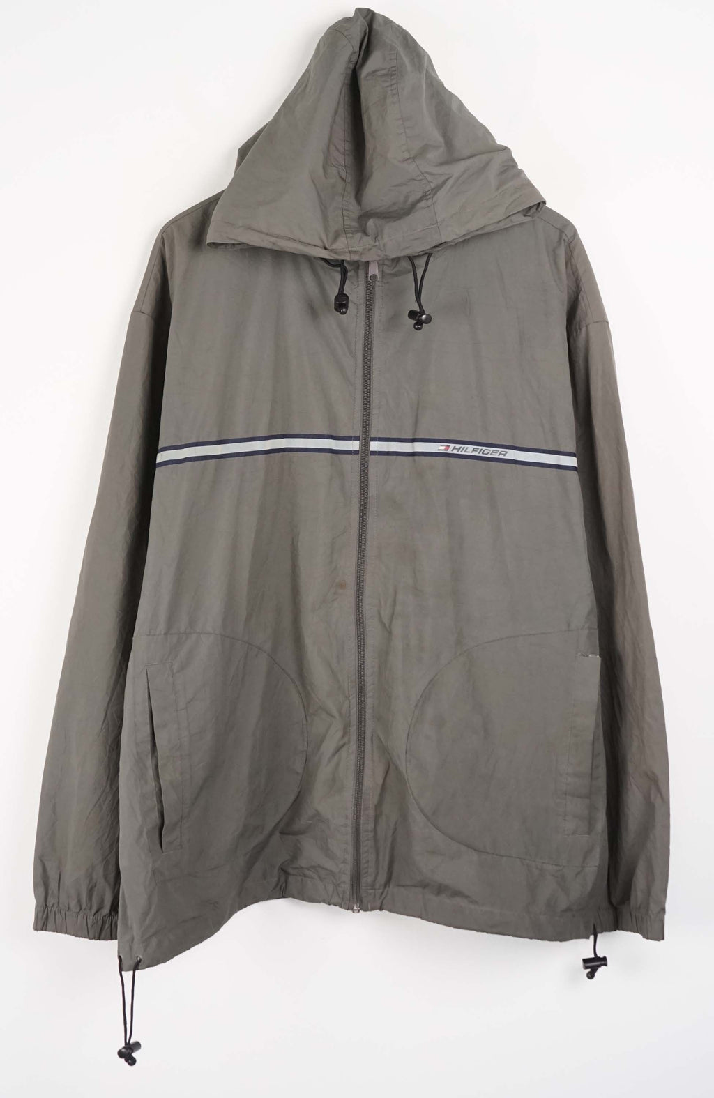 Gray hooded jacket with a white stripe on a white background