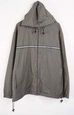 Gray hooded jacket with a white stripe on a white background