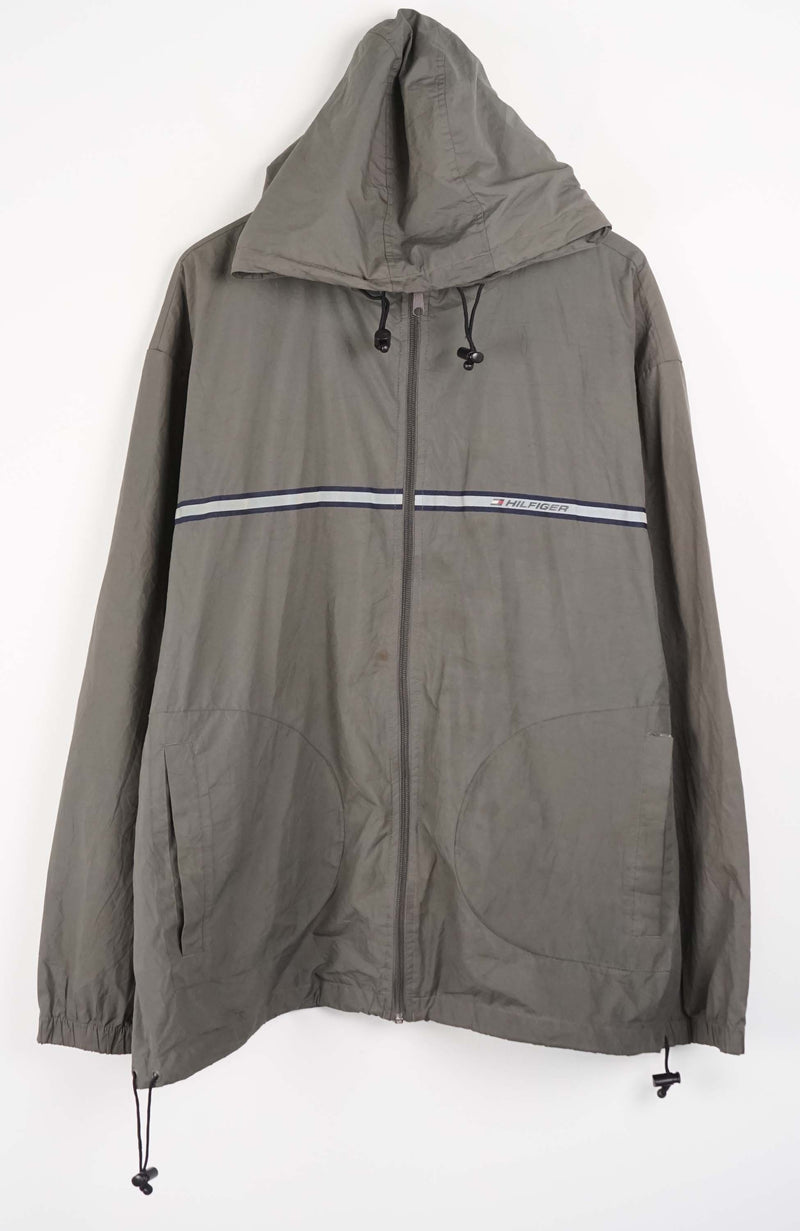 Gray hooded jacket with a white stripe on a white background