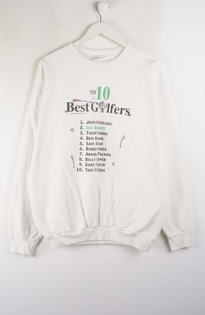 White sweatshirt with 'Top 10 Best Golfers' list on a white background