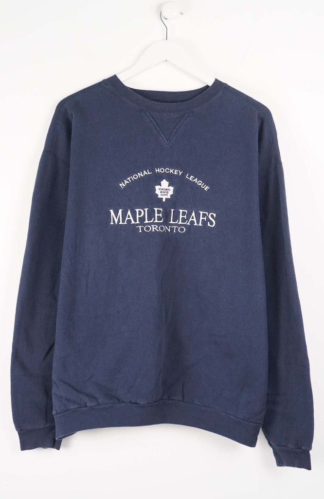 Navy blue sweatshirt with 'Maple Leafs Toronto' text on a white background