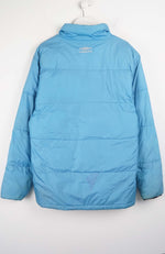 Blue puffer jacket on a white hanger against a white background