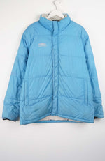 Blue puffer jacket on a white background