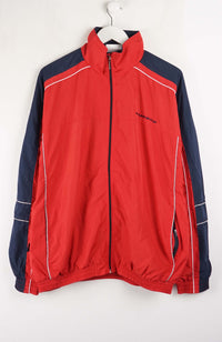 Red and navy jacket with a brand logo on a white background