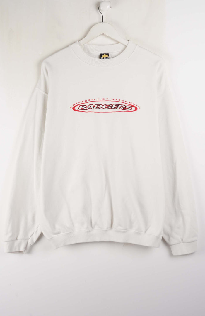 White sweatshirt with red and black logo on a white background
