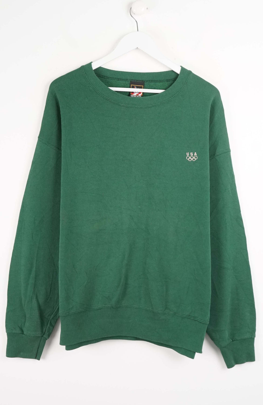 Green sweatshirt with a logo on a white background