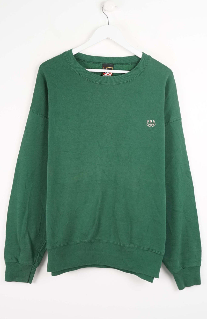 Green sweatshirt with a logo on a white background