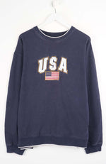 Navy blue sweatshirt with 'USA' and American flag on a white background