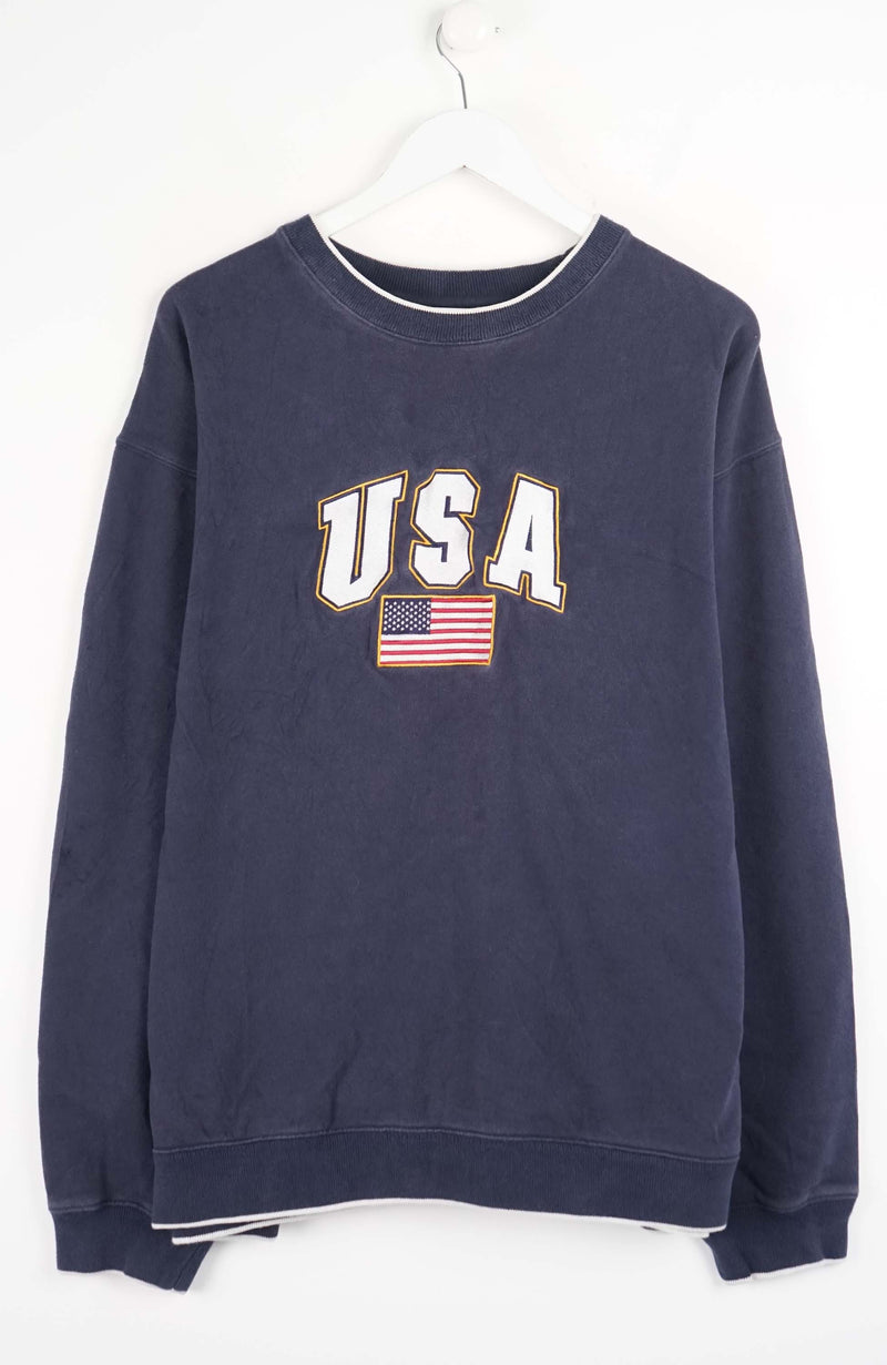 Navy blue sweatshirt with 'USA' and American flag on a white background