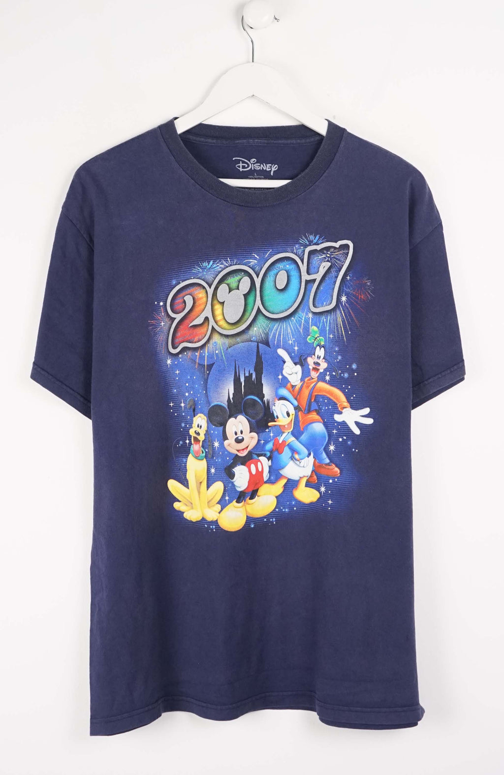 Navy blue t-shirt with Disney characters and '2007' design on a white background