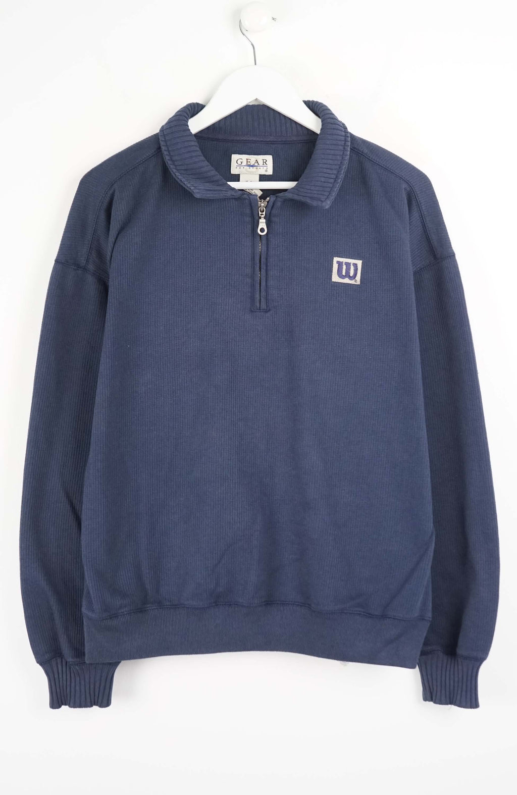 Navy blue sweatshirt with a logo on a white background