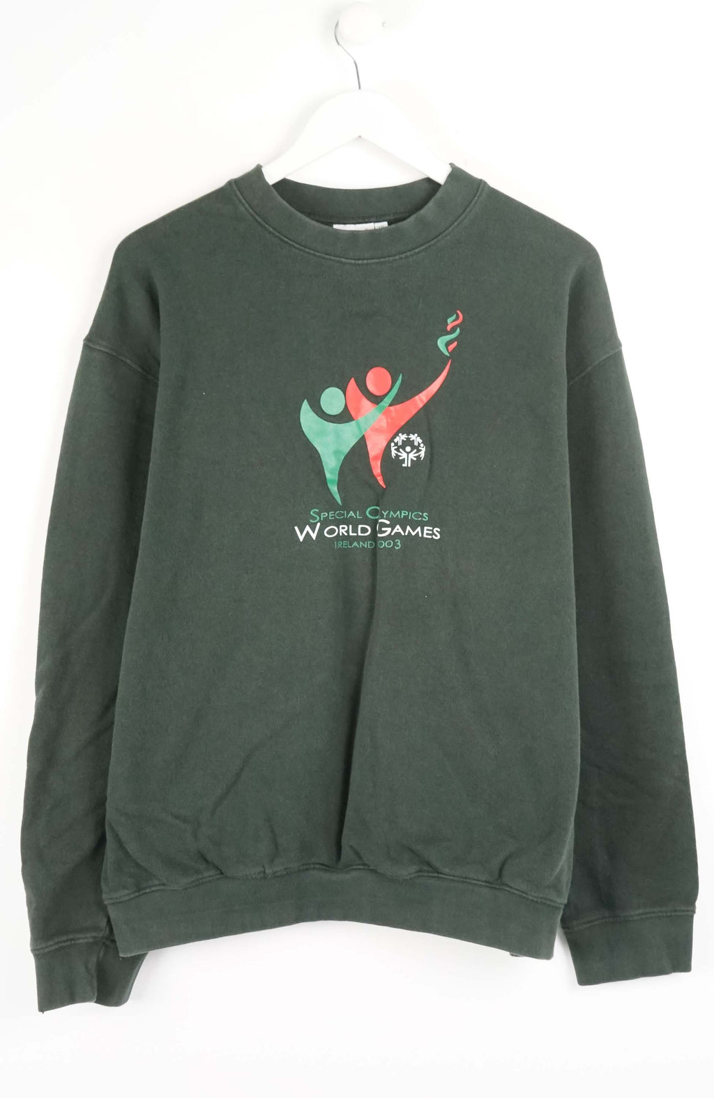 Green sweatshirt with Special Olympics World Games logo on a white background