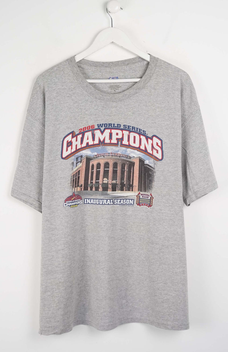 Gray t-shirt with World Series Champions graphic on a white background